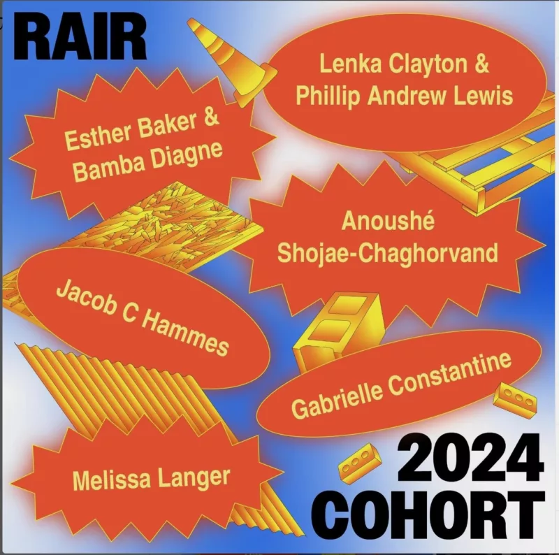 A poster image in blue, orange and black shows a group of orange stars and ovals encircling white-printed names with a logo in Black at the top left saying ‘RAIR’ and at the bottom right another statement in black, “2024 Cohort.”